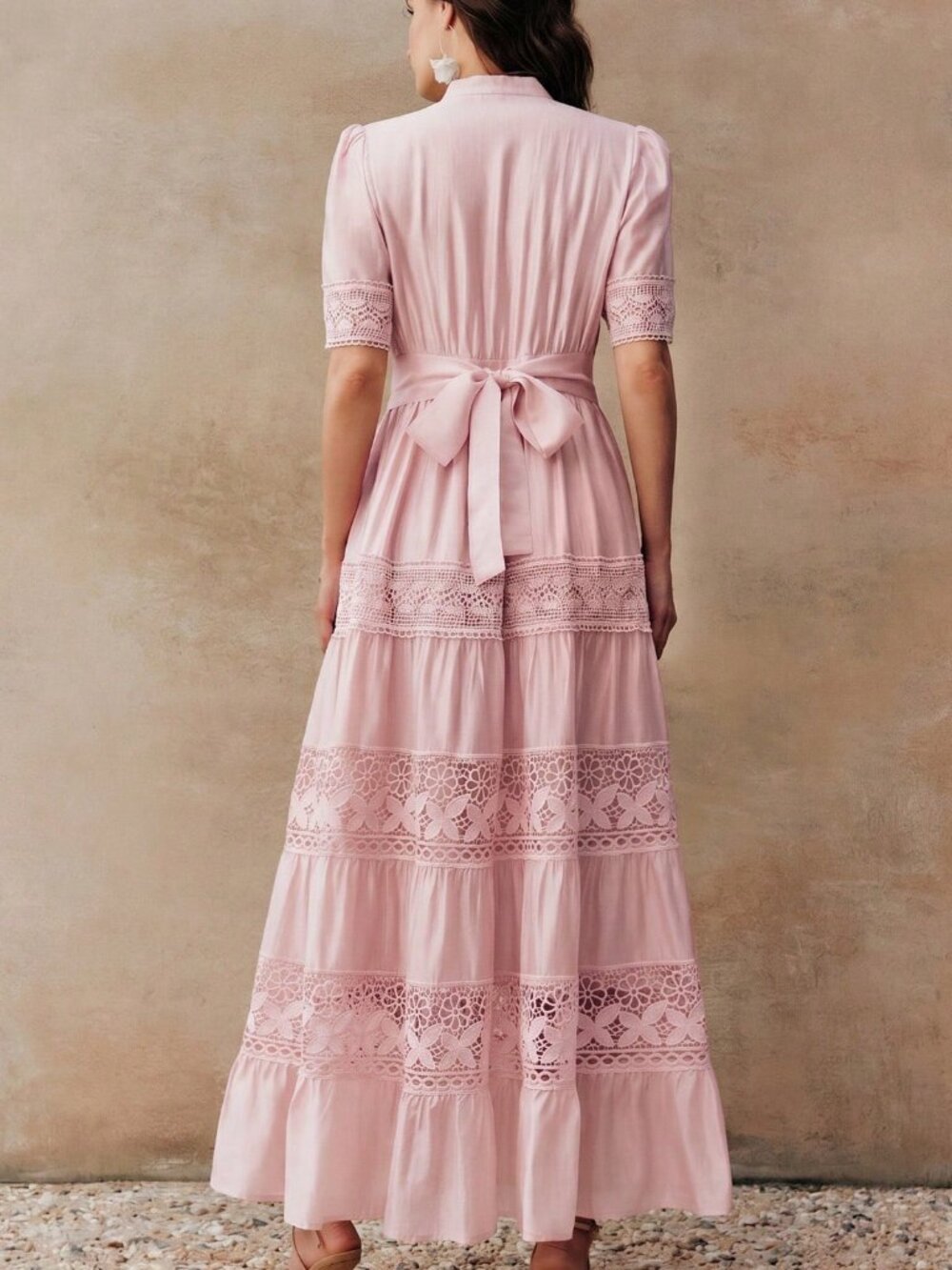 Dusty Pink Boho Women's Lace Crochet Short Sleeve Flared Dress - Picture 2 of 7